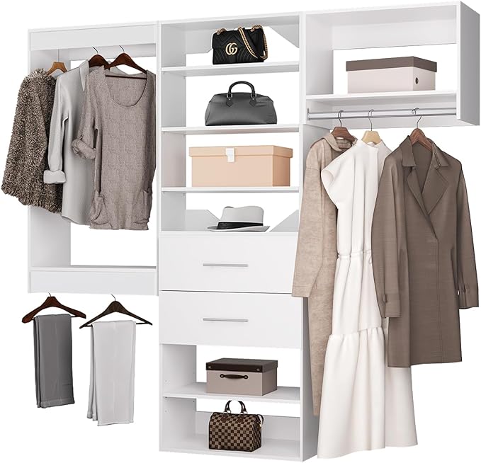ROOMTEC Modular Closet System, 102" Wall Mounted Modern Closet Organizer with Hanging Rods and Drawers, Wooden Tower for Walk-In Closets, Wardrobe Storage Kit, White