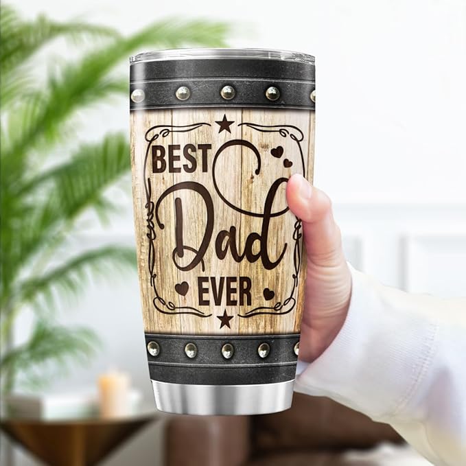 Best Dad Ever Gift Tumbler, Rustic Wood Pattern 20oz Stainless Steel Travel Mug, Insulated Vacuum Cup for Father, Birthday, Christmas, Father's Day Present