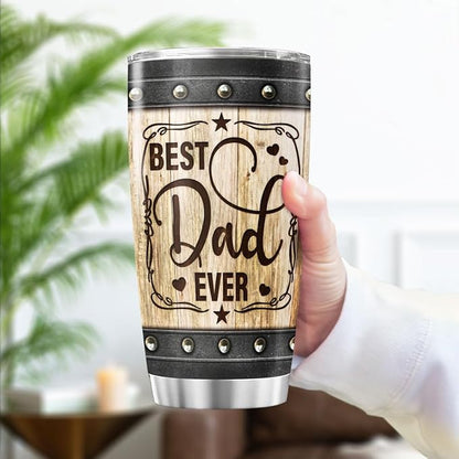 Best Dad Ever Gift Tumbler, Rustic Wood Pattern 20oz Stainless Steel Travel Mug, Insulated Vacuum Cup for Father, Birthday, Christmas, Father's Day Present