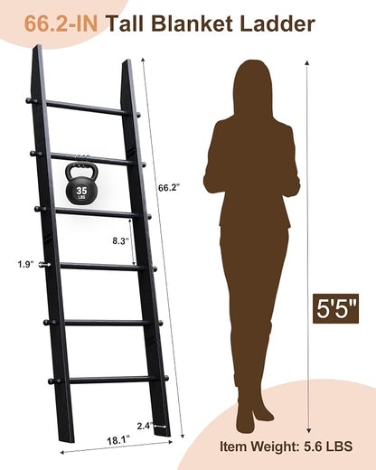TEAKMAMA 6-Tier Blanket Ladder with Hanging Knobs, 5.5 Ft Wall Leaning Blanket Ladders for Living Room Bedroom,Rustic Decorative Storage for Quilts,Throws,Easy to Assemble,Black