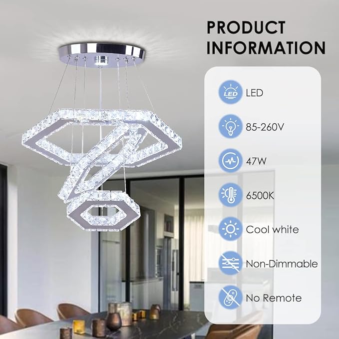 Modern Crystal Chandeliers Big 3 Rings LED Ceiling Light Adjustable Stainless Steel Pendant Light for Bedroom Living Room Dining Room (6500K Cool White)(25cm+35cm+45cm)