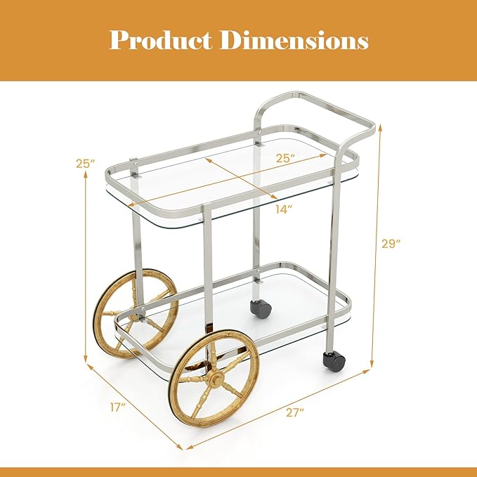 Giantex 2-Tier Bar Cart, Stylish Rolling Serving Cart w/Tempered Glass Shelves, 2 Large Aluminum Front Wheels, Stainless Steel Frame, Mobile Storage Shelf, Home Trolley Cart for Kitchen, Dining Room