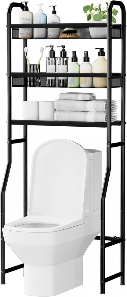 3 Tier Over The Toilet Storage Shelf, Black Bathroom Over The Toilet Storage Rack, Space Saving Above Toilet Storage Shelf with Vinyl Mesh Surface, Bathroom Toilet Shelf Rack Organizer