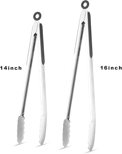 304 Stainless Steel Kitchen Cooking Tongs, 14" and 16" Set of 2 Sturdy Grilling Barbeque Brushed Locking Food Tongs with Ergonomic Grip, Black