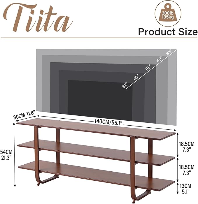 Tiita Wooden TV Stand for 65 Inch TV, Modern Media Console Table with 3-Tier Storage Shelves, Long Entertainment Center for Living Room, Walnut TV Stand with Open Display Rack