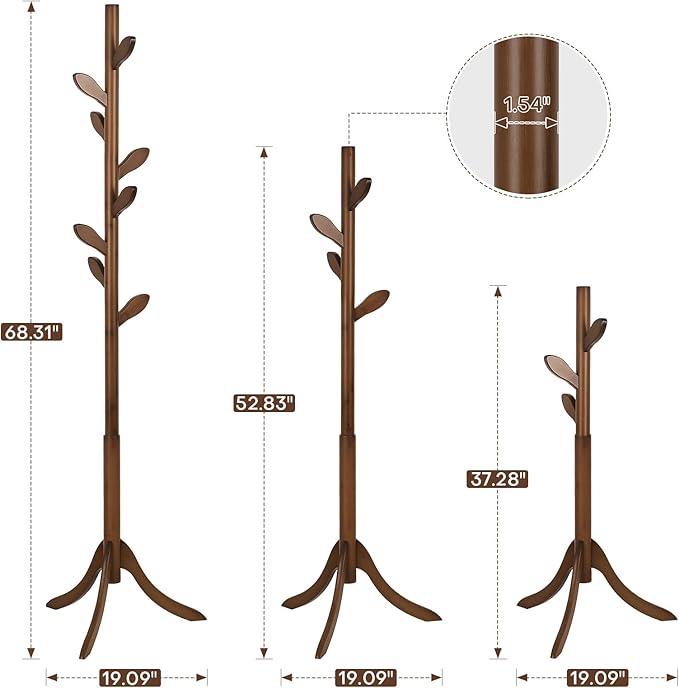 Wood Coat Rack Freestanding Coat Tree Rack with 8 Leaf Hooks, 3-Size Height Adjustable for Adults and Younger, Clothes Hanger Stand for Jacket, Hat, Entryway, Hallway, Corner, Bedroom (Vintage Brown)