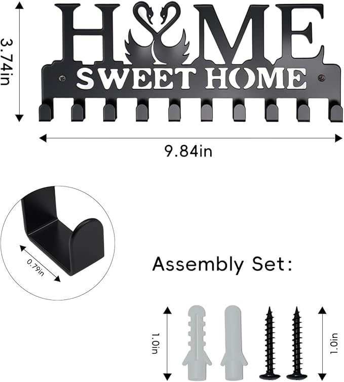 Key Holder Wall Mounted with Screws and Anchors, Black Multifunctional Key Hanger with 10 Hooks, Entryway Front Door Kitchen Hallway Garage Office