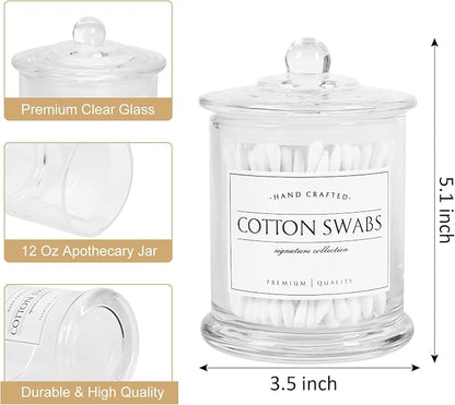 Volisnova 2 Pack Farmhouse Apothecary Jars with Lids - Glass Qtip Dispensers and Cotton Ball Holders for Bathroom Vanity Storage and Organization with 8 Pcs Wterproof Labels (Clear Glass)
