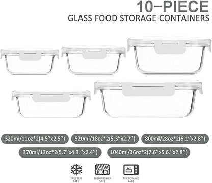 M MCIRCO 10-Pack Glass Food Storage Container with Lids, Airtight Lunch Bento Boxes, Glass Meal Prep Container,Microwave, Oven, Freezer and Dishwasher Friendly, White