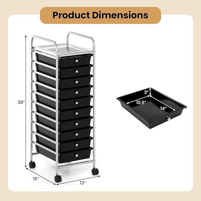 Giantex Rolling Storage Cart with 10 Drawers, Utility Cart with Tabletop, Drawer Organizer with Wheels for Craft Art Paper Tool, Mobile Organization & Sorting for Office Home School School Supplies