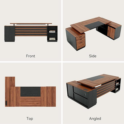 L-Shaped Executive Desk with Drawers, 78-Inch Large Home Office Desk with Power Outlet and Lateral File Cabinet, Modern Computer Table with Open Shelf and Storage Cabinet for Home, Brown Black