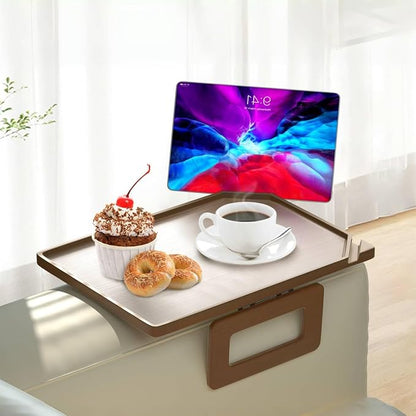 Smatdecis Couch Arm Tray Table Sofa Arm Clip, Armrest Tray Table Suitable for Home Drinks/Fast Food/Fruit Etc, Large Size Multi-Function Brown(Dual Phone/Tablet Holder)