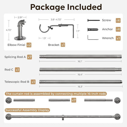 Zeerobee Curtain Rods for Windows 72 to 144, 1 Inch Industrial Wrap Around Grey Curtain Rod, Indoor/Outdoor Room Divider Adjustable Drapery Pole, 72"-144"