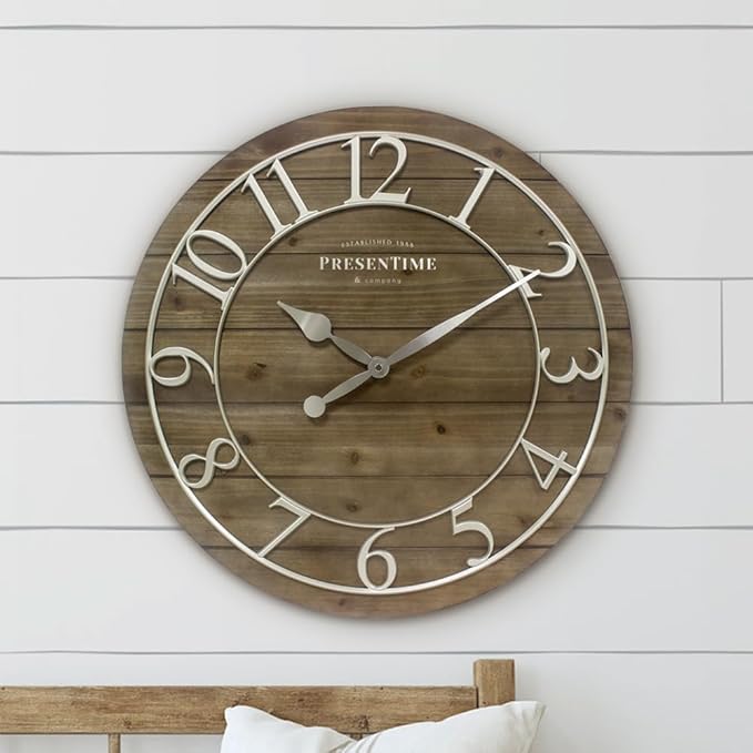 Presentime & Co Vintage Farmhouse Shiplap Clock, 19.5 inch, Silver Arabic Numerals with Weathered Pine Wood Shiplap Style. Large Farmhouse Decor for Living Room, Entryway, Home Office, Wall Décor