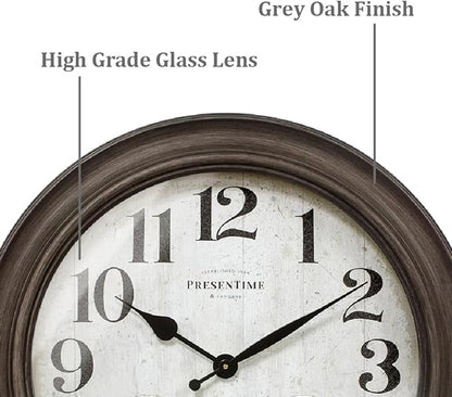 Presentime & Co. 26" Clifton in/Outdoor Farmhouse Clock with Thermometer & Hygrometer as All in One Weather Station, Farmhouse Wall Art and Timepiece for Home Decoration, Grey Oak Finish