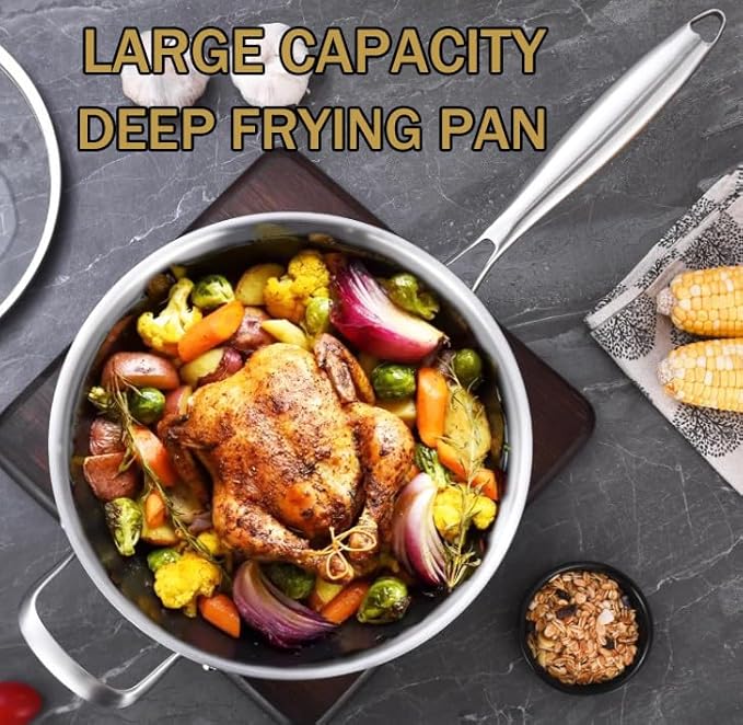 Tri-Ply Stainless Steel 8 Quarts Sauté Pan with Lid,13 Inch Induction Deep Frying Pan,Large Skillet, Dishwasher And Oven Safe,Detachable Handle