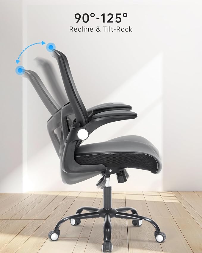 Office Chair Ergonomic Desk Chair Swivel Mid Back Mesh Computer Chair with Lumbar Support Comfy PU Leather Seat Adjustable Height Flip-up Arms Executive Task Chair,Black