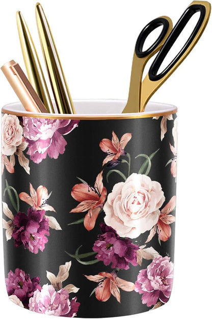 WAVEYU Pen Holder for Desk, Pencil Cup Holder, Cute Floral Makeup Brush Holder Durable Ceramic Flower Design Desk Pencil Organizer for Office, Classroom, Black
