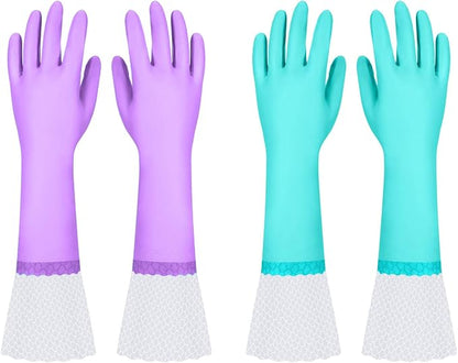 Elgood Reusable Long Dishwashing Cleaning Gloves with Latex Free, Long Cuff,Cotton Lining,Kitchen Gloves 2 Pairs,Purple+Blue Large