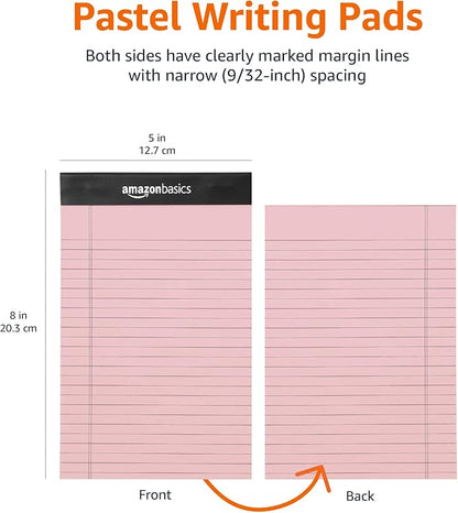 Amazon Basics Narrow Ruled Writing Pads, Perforated, 5" x 8", Multicolor, 6-Pack of 50 Sheets