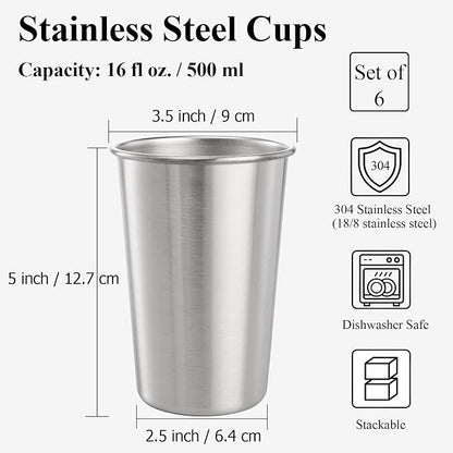 Tosnail 6 Pack Stainless Steel Pint Cups, 16 oz Metal Cups Unbreakable Drinking Glasses Water Tumblers for Kids, Adults Indoor and Outdoor Use, Silver