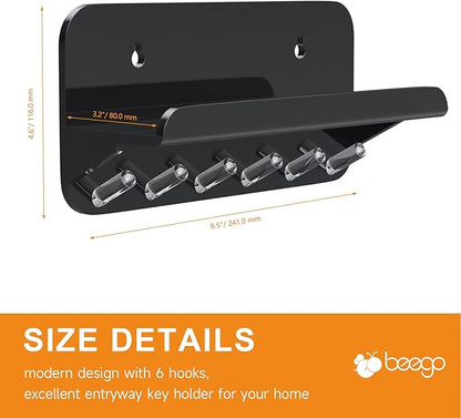 Beego Entryway Key Holder for Wall - Black Acrylic Key Rack with Shelf Decorative Key Hanger Wall Mount Mail Organizer with 6 Key Hooks for Office Hallway Kitchen Living Room Home Décor