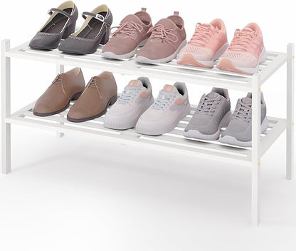 Smiry Bamboo Shoe Rack 2-Tier, Stackable Wooden Shoe Organizer for Entryway & Closet, Free Standing Wood Shoe Storage Shelf for Front Door & Small Spaces, White