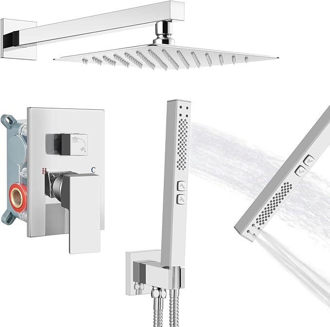Shower Faucet Set Rainfall Shower System with Square Showerhead and Handle Set Fixture with 2 in 1 Function Handheld Sprayer Wall Mounted Trim Repair Kit Rough-in Valve 8 Inch Polish Chrome