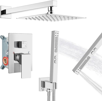 Shower Faucet Set Rainfall Shower System with Square Showerhead and Handle Set Fixture with 2 in 1 Function Handheld Sprayer Wall Mounted Trim Repair Kit Rough-in Valve 8 Inch Polish Chrome