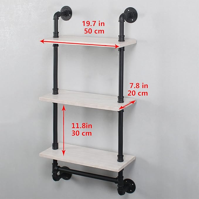 Bathroom Shelves Wall Mounted,19.6in Rustic Wood Shelf with Towel Bar,3 Tier Farmhouse Towel Rack Over Toilet,Pipe Shelving Floating Shelves Towel Holder,Black & White