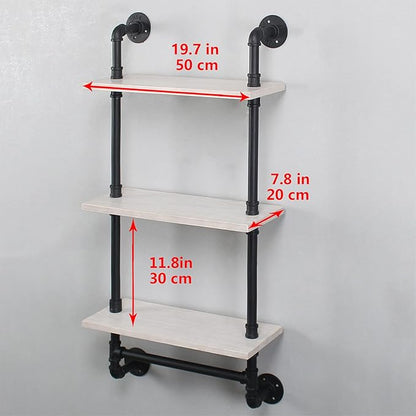 Bathroom Shelves Wall Mounted,19.6in Rustic Wood Shelf with Towel Bar,3 Tier Farmhouse Towel Rack Over Toilet,Pipe Shelving Floating Shelves Towel Holder,Black & White