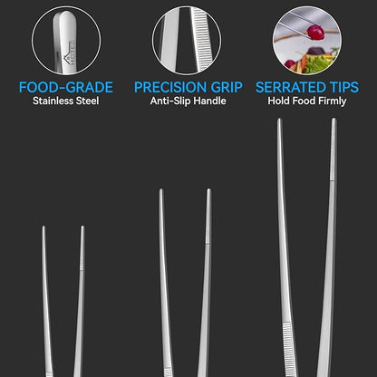 HOTEC Kitchen Tweezers Tongs Stainless Steel Professional Chef Tweezers, Set of 3-6.3", 10" and 12inch Food Tongs for Cooking, Repairing, Dessert, BBQ, Meat, Pasta, Silver