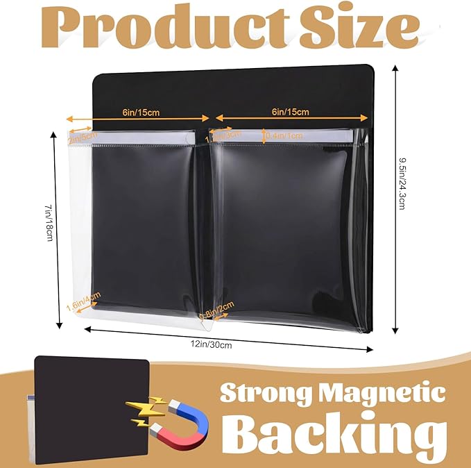 8 Pack Magnetic File Holder for Refrigerator 12 x 9.5 Inch Hanging Paper Organizer Black Board Organizer with 2 Magnetic Pocket Office Supplies Storage for Notebooks Planners Mail Letters