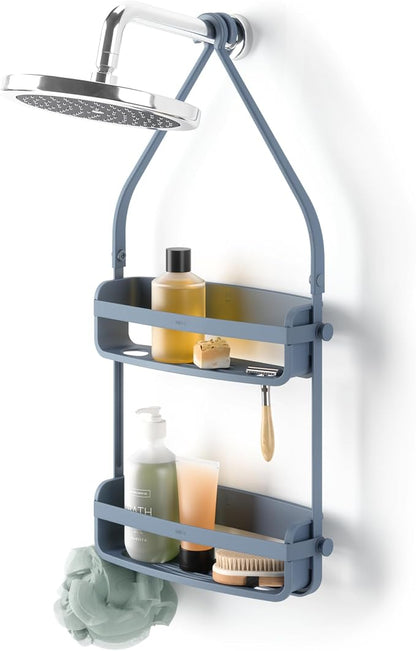 Umbra Flex Hanging Shower Caddy with 2 Shelves, Bathtub Shelf and Bathroom Organizer, Slate Blue