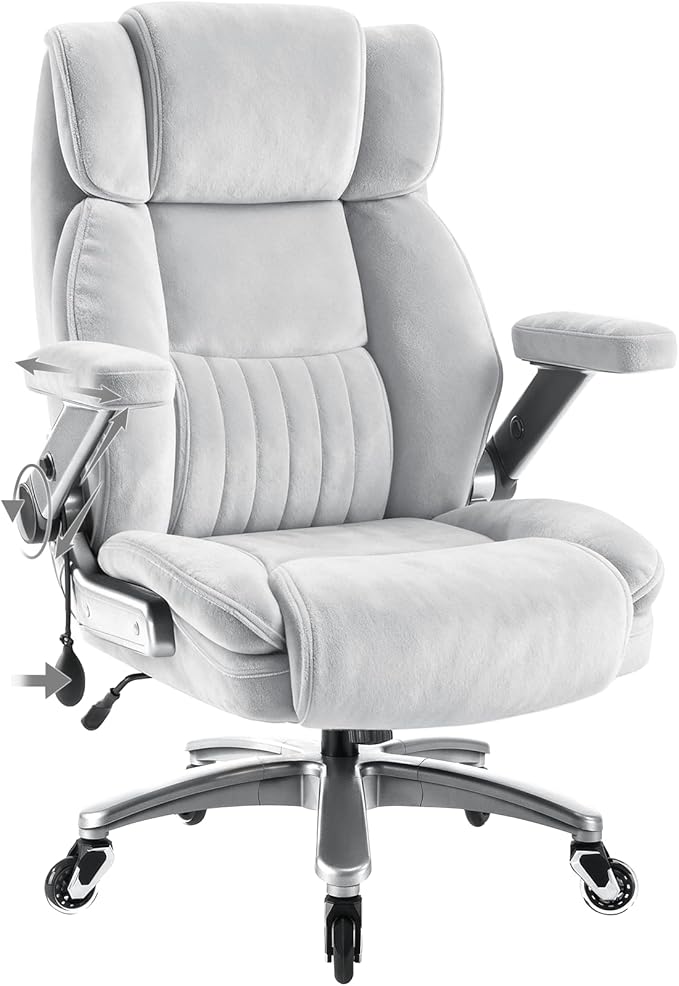 650LBS Fabric Heavy Duty Executive Office Chair with 5D Flip Arms and Pocket Spring Cushion, Ergonomic Big and Tall Desk Chair with Lumbor Support,High Back Cloth Computer Chair (Fabric Grey)