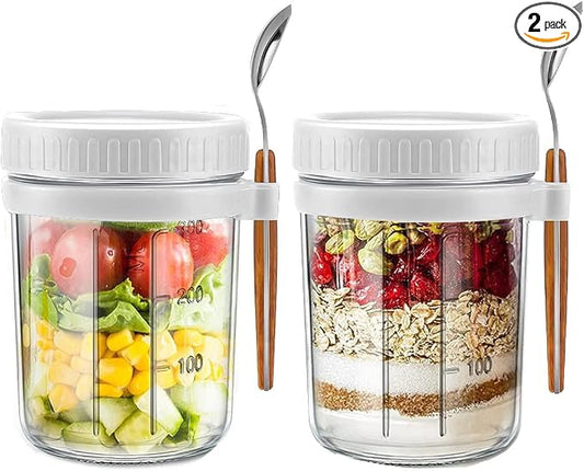 Overnight Oats Containers with lids and spoon Set of 2 Jars 12oz Airtight Container with Measurement Marks, Reusable On The Go Cups for Cereal Yogurt, Milk, Salads, Fruit(White)