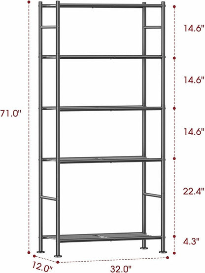 Sakugi Storage Shelves - 5 Tier Shelf Organizer, Sturdy Metal Garage Shelving with Adjustable Leveling Feet, Space-Saving Shelves Organizer for Pantry, Laundry, Kitchen (32" x 12" x 71", Black)