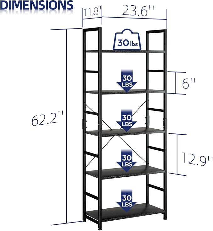 NUMENN 5 Tier Bookshelf, Tall Bookcase Shelf Storage Organizer, Modern Book Shelf for Bedroom, Living Room and Home Office, Black