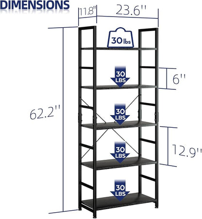 NUMENN 5 Tier Bookshelf, Tall Bookcase Shelf Storage Organizer, Modern Book Shelf for Bedroom, Living Room and Home Office, Black