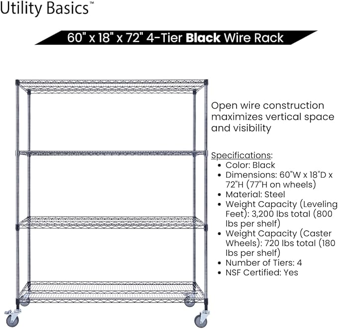 Utility Basics NSF Commercial 4-Tier Wire Shelving with Wheels, 60"x18"x72" Heavy Duty Metal Shelves 3200 lbs Max Capacity, Black Storage Rack for Garage Kitchen Pantry Warehouse