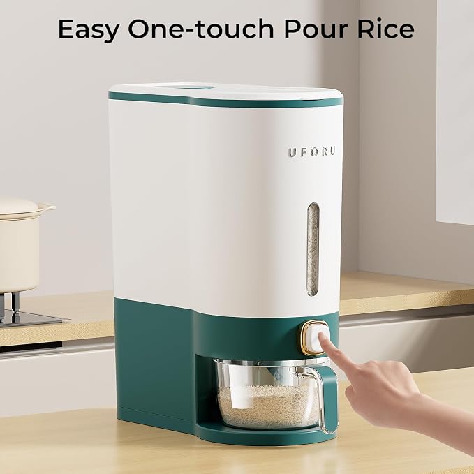 UFORU Rice Dispenser, Rice Storage Container with Measuring Cup for Kitchen Pantry Household, Cereal Dry Food Storage Containers Airtight, Sealed Moisture Proof (Green 22 Lbs)