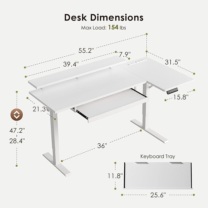 OffiGo 55 Inch Electric L Shaped Standing Desk with Keyboard Tray, Reversible Height Adjustable Corner Computer Desk with Monitor Stand, Sit Stand Up Lift Table for Home, Office, White
