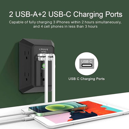 USB Wall Charger, Surge Protector, QINLIANF 5 Outlet Extender with 4 USB Charging Ports (4.8A Total) 3-Sided 1680J Power Strip Multi Plug Outlets Wall Adapter Spaced for Home Travel Office(2U2C),Black