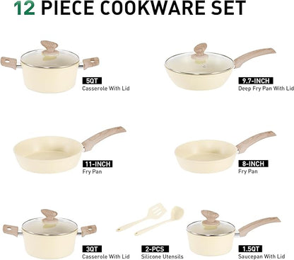 MAISON ARTS Pots and Pans Set Non Stick, Kitchen Cookware Sets Nonstick, 12 Piece Granite Cooking Pot and Pan for Induction, Stovetop, Beige