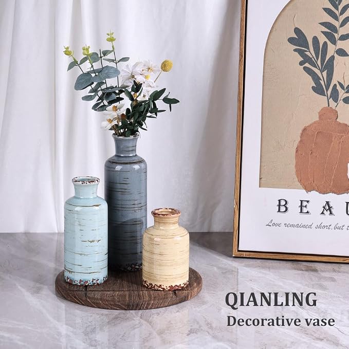 Ceramic Vase Set - 3 Small Flower Vases Home Decor, Modern Rustic Farmhouse Pottery Vases for Centerpieces, Living Room, Kitchen, Shelf, Bedroom, Bathroom, Fireplace, Table Shelf and Entryway Decor