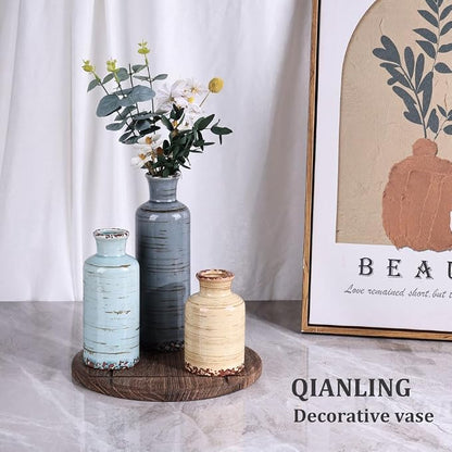 Ceramic Vase Set - 3 Small Flower Vases Home Decor, Modern Rustic Farmhouse Pottery Vases for Centerpieces, Living Room, Kitchen, Shelf, Bedroom, Bathroom, Fireplace, Table Shelf and Entryway Decor