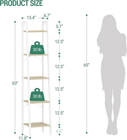 Ladder Shelf, Bookshelf Bookcase, Freestanding Corner Storage Shelve with 2 Hooks for Home Office, Living Room, Kitchen, Bedroom, Industrial, 11.8" D x 13.4" W x 63" H, White Oak and White