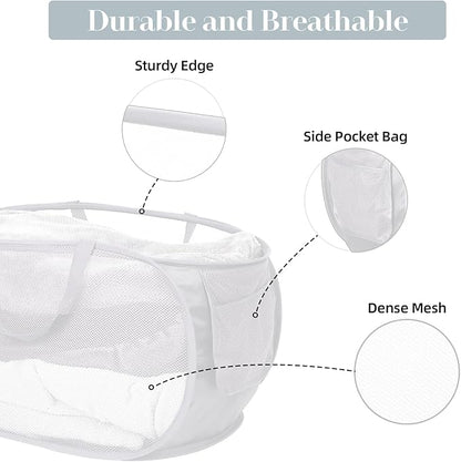 Strong Mesh Pop Up Laundry Basket, Collapsible Laundry Hamper with Side Pocket, Foldable Clothes Hamper with Durable Reinforced Handles for Laundry, Bathroom, Kids Room, Dorm or Travel 2 Pack White