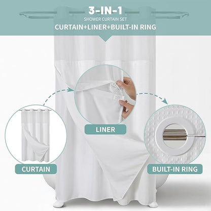 White No Hook Waffle Weave Shower Curtain with snap-in Liner Replacement, 230GSM Waterproof Fabric Hotel Shower Curtain Set for Bathroom, Through Mesh Top Window,48Wx74H