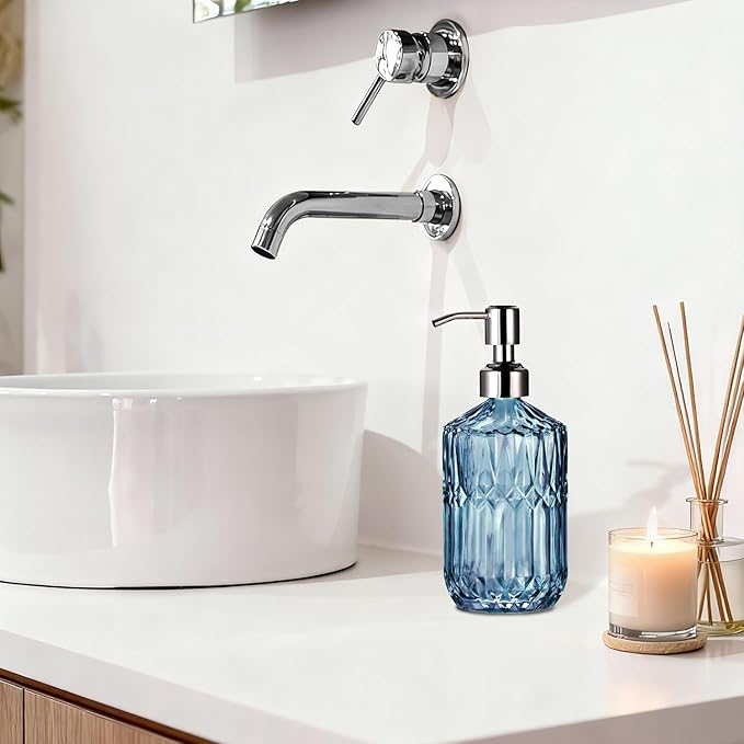 COHOSEGE 17 Oz Blue Glass Kitchen Soap Dispenser for Dish Soap, 2 Pack Bathroom Soap Dispenser Set with Silvery Rust Proof Pump for Lotion, Hand soap or Body Wash